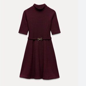 ✨ ZARA Stretch Knit Skater Dress w/ Belt – NEW – Burgundy Luxe ✨
